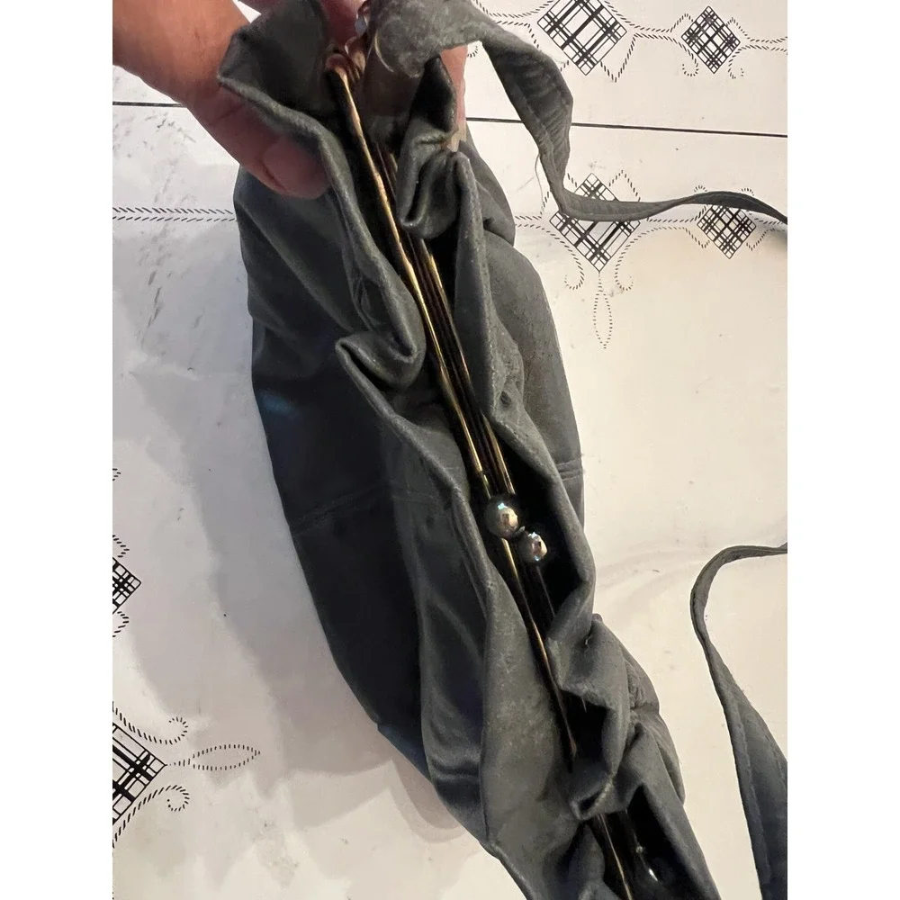 Vintage Gray Leather Handbag Kiss Lock Frame Hobo Shoulder Bag Ruched Top